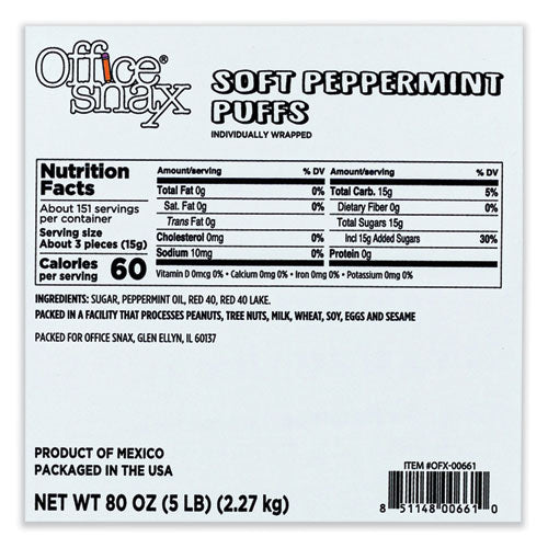 Office Snax Candy Assortments, Peppermint Puffs Candy, 5 Lb Carton (OFX00661)