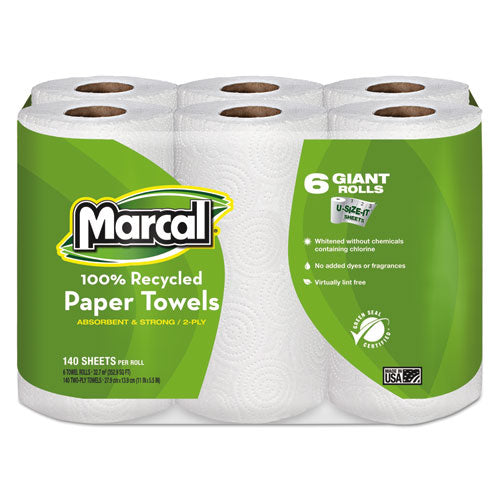 Marcal 100% Recycled Roll Paper Towels 2 Ply 140 Sheets (6 Rolls) 6181