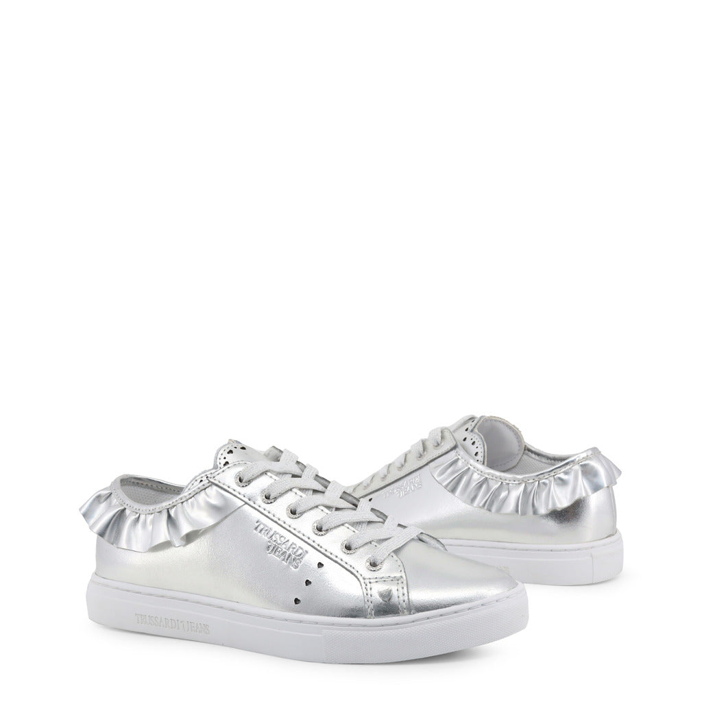 Trussardi Laminated Leather Ruffle Silver Women's Casual Shoes 79A00232-M020