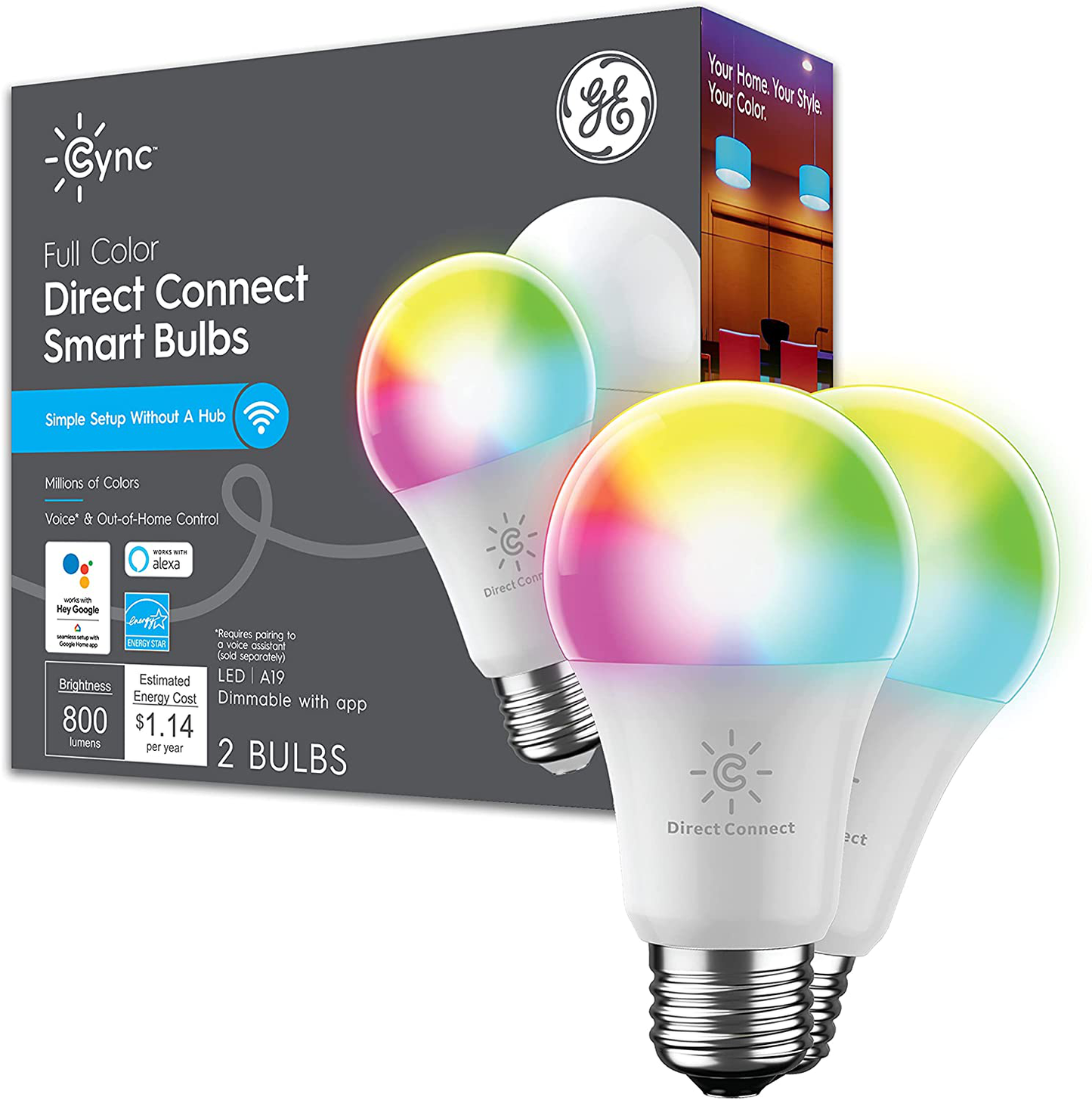 GE Lighting Cync Full Color Direct Connect Smart Bulb with Bluetooth and Wi-Fi A19 LED, 60W Replacement, 1-Pack (New for 2021)