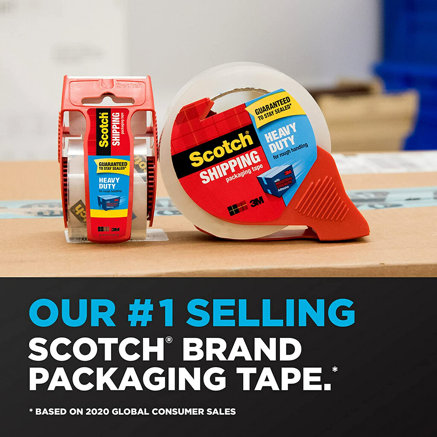 Scotch Heavy Duty Packaging Tape, 1.88" x 54.6 yd, Designed for Packing, Shipping and Mailing, Strong Seal on All Box Types, 3" Core, Clear, 1 Roll w/Dispenser (3850-2ST)