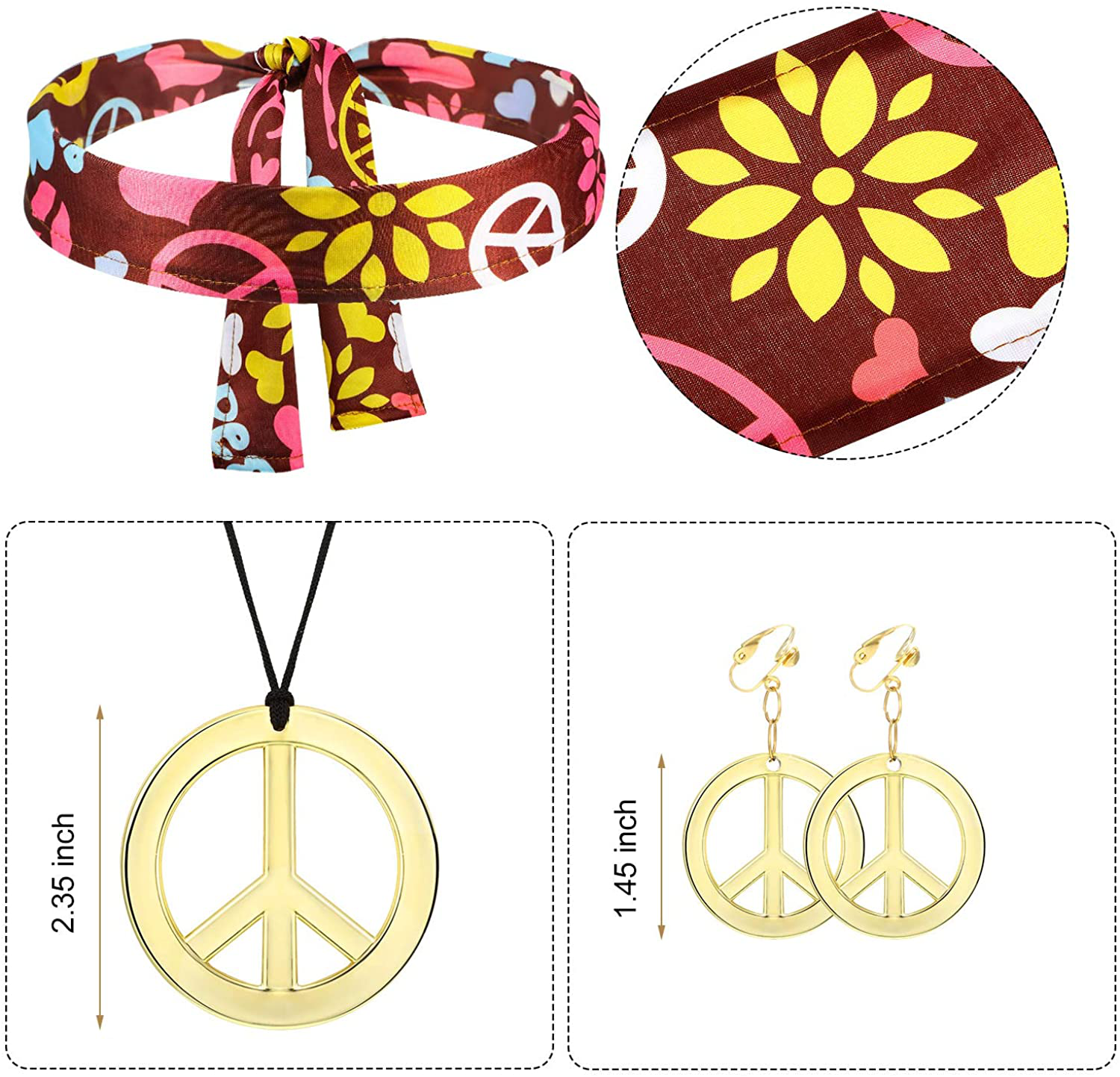 Hippie Peace Sign Earring Necklace Headband Dress Ankle Socks Women Costume Set