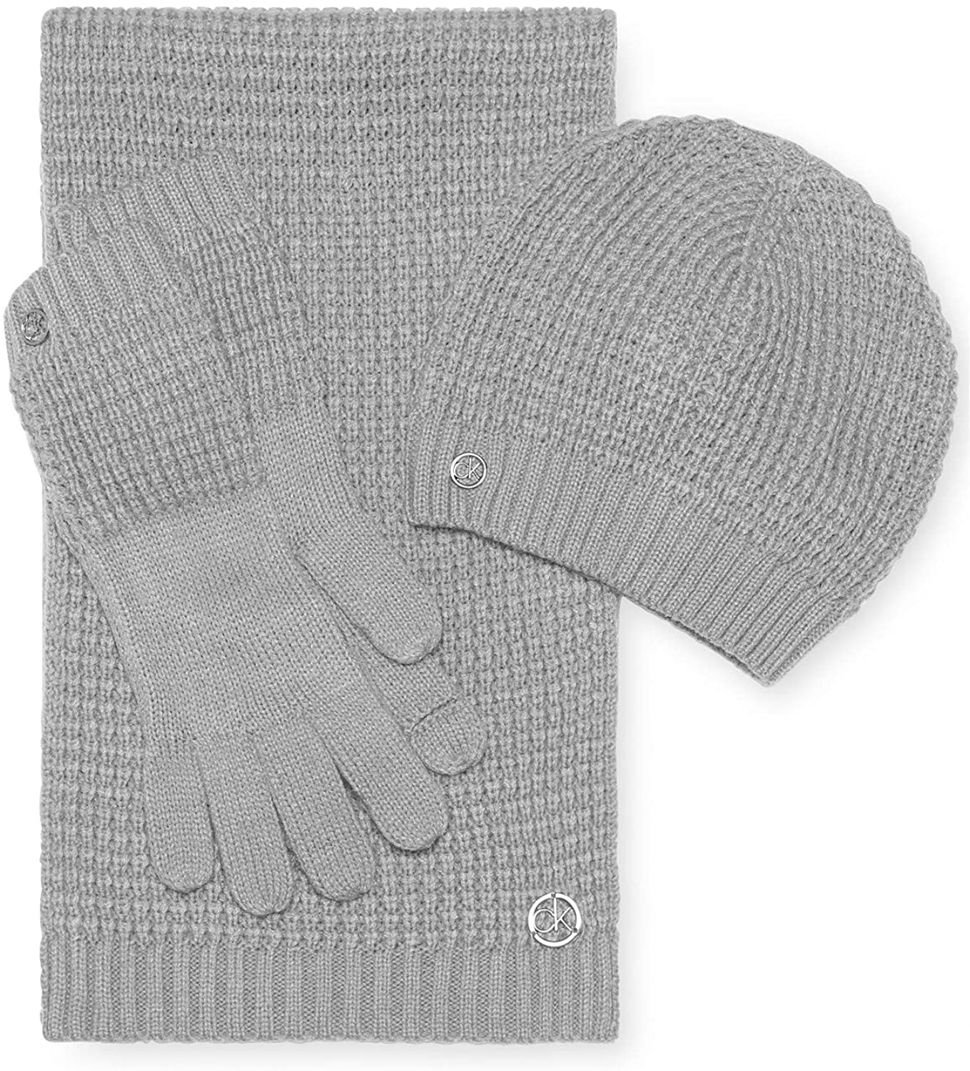 Calvin Klein Waffle Grey/Silver Women's 3 Piece Gift Set (Hat, Scarf & Gloves) 