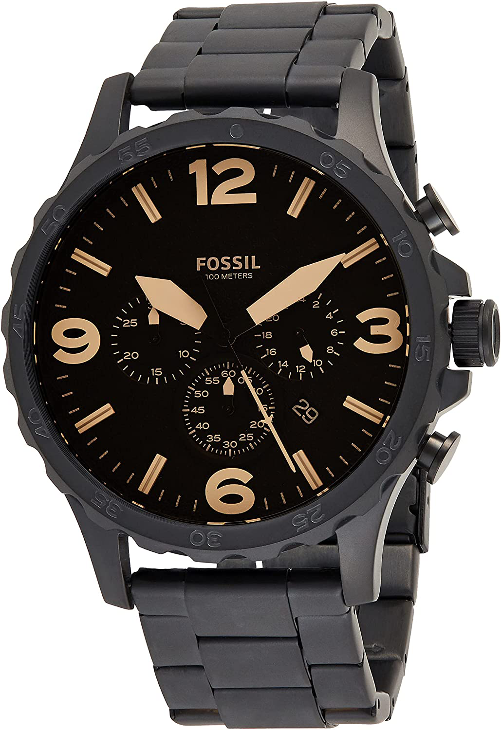 Fossil Men's Nate Black Stainless Steel Quartz Chronograph Brown Dial Watch