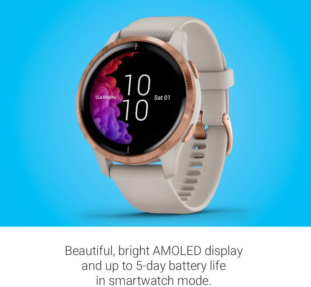 Garmin Venu GPS Bright Touchscreen Display Rose Gold with Tan Band Smartwatch