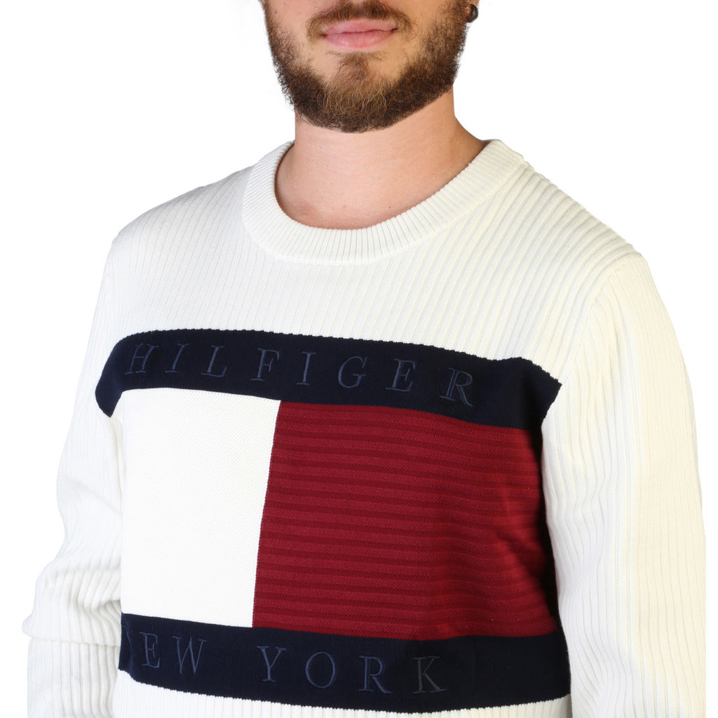 Tommy Hilfiger Rib-Knit Organic Cotton Flag Jumper White Men's Sweater MW0MW25413-0K4