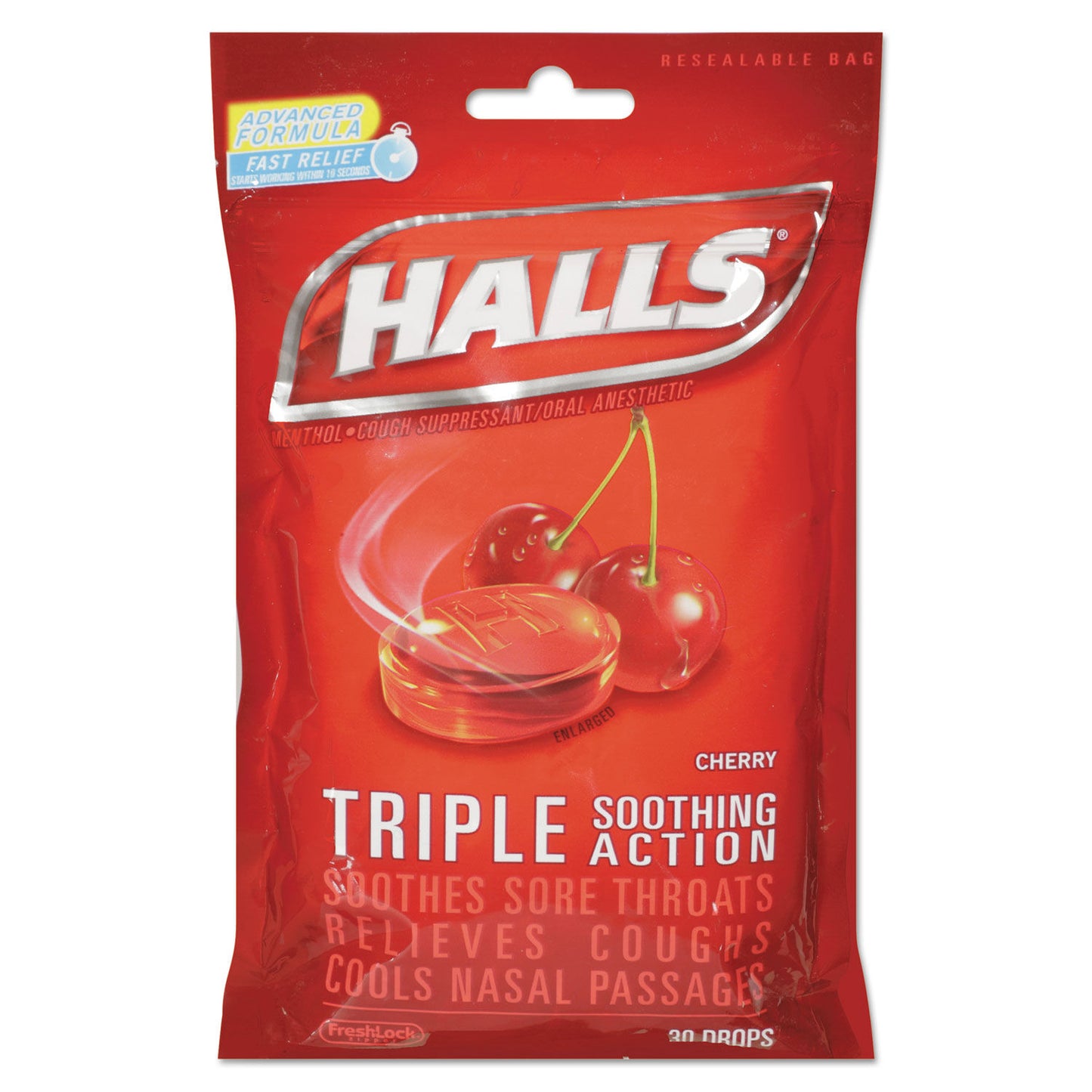 Halls Triple Action Cough Drops, Cherry, 30/Bag, 12 Bags/Box 03-12546-62182-00