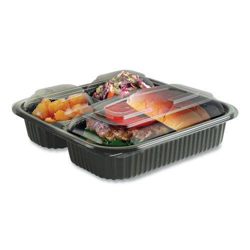 Anchor Packaging Culinary Squares 2-Piece-3-Compartment Microwavable Container, 21 oz-6 oz-6 oz, 8.46 x 8.46 x 2.5, Clear-Black, 150-Carton 4118523