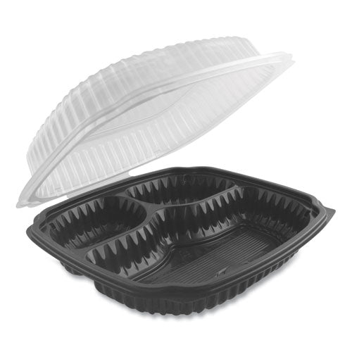 Anchor Packaging Culinary Lites Microwavable 3-Compartment Container, 26 oz-7 oz-7 oz, 10.56 x 9.98 x 3.19, Clear-Black, 100-Carton 4699631