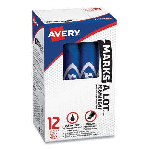 Avery MARKS A LOT Regular Desk-Style Permanent Marker, Broad Chisel Tip, Blue, Dozen (7886) 07886