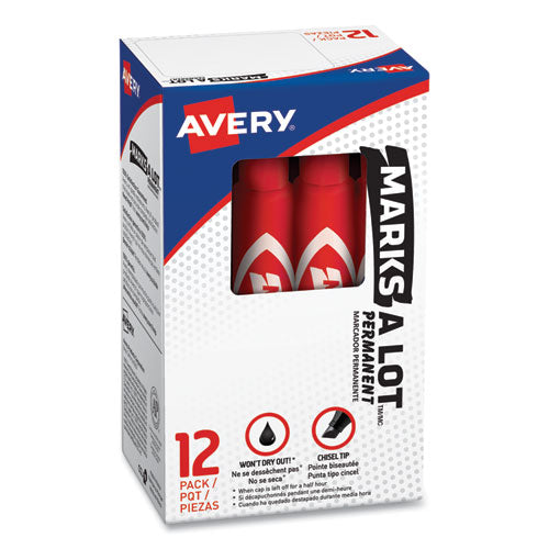 Avery MARKS A LOT Regular Desk-Style Permanent Marker, Broad Chisel Tip, Red, Dozen (7887) 07887