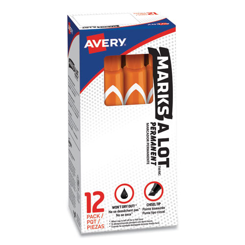 Avery MARKS A LOT Large Desk-Style Permanent Marker, Broad Chisel Tip, Orange, Dozen (8883) 08883