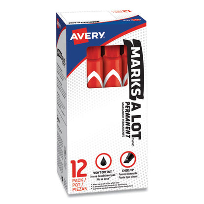 Avery MARKS A LOT Large Desk-Style Permanent Marker, Broad Chisel Tip, Red, Dozen (8887) 08887