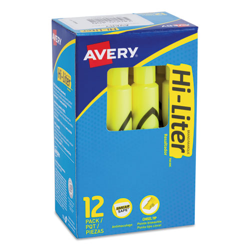 Avery HI-LITER Desk-Style Highlighters, Fluorescent Yellow Ink, Chisel Tip, Yellow-Black Barrel, Dozen 24000