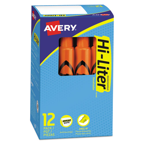 Avery HI-LITER Desk-Style Highlighters, Fluorescent Orange Ink, Chisel Tip, Orange-Black Barrel, Dozen 24050