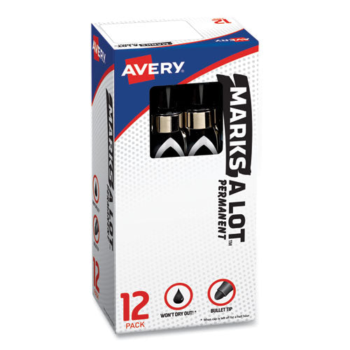 Avery MARKS A LOT Large Desk-Style Permanent Marker with Metal Pocket Clip, Broad Bullet Tip, Black, Dozen (24878) 24878