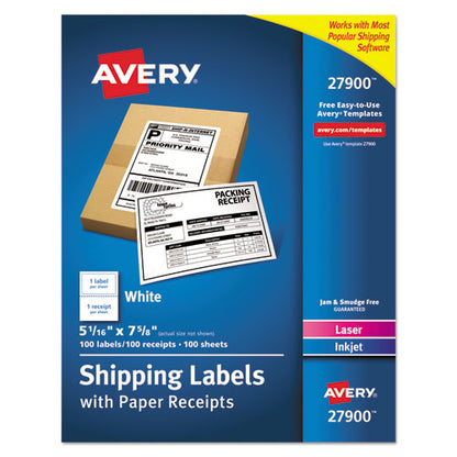 Avery Shipping Labels with Paper Receipt Bulk Pack, Inkjet-Laser Printers, 5.06 x 7.63, White, 100-Box 27900