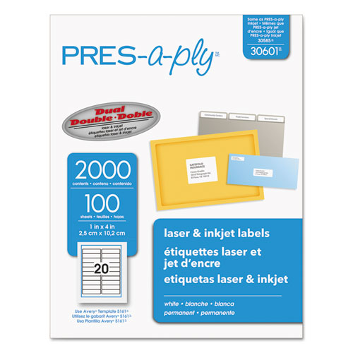 PRES-a-ply Labels, Laser Printers, 1 x 4, White, 20-Sheet, 100 Sheets-Box 30601