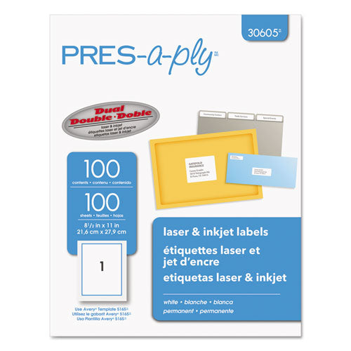PRES-a-ply Labels, Laser Printers, 8.5 x 11, White, 100-Box 30605