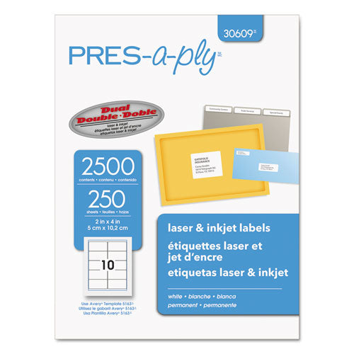 PRES-a-ply Labels, Laser Printers, 2 x 4, White, 10-Sheet, 250 Sheets-Box 30609