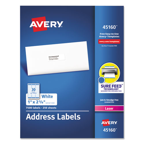 Avery White Address Labels Sure Feed Technology for Laser Printers, Laser Printers, 1 x 2.63, White, 30 Sheets/Pack, 250 Packs/Box 45160