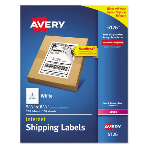 Avery Shipping Labels w- TrueBlock Technology, Laser Printers, 5.5 x 8.5, White, 2-Sheet, 100 Sheets-Box 05126