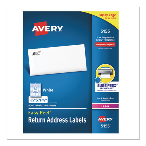 Avery Easy Peel White Address Labels w- Sure Feed Technology, Laser Printers, 0.66 x 1.75, White, 60-Sheet, 100 Sheets-Pack 05155