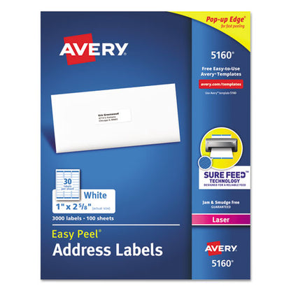 Avery Easy Peel White Address Labels w- Sure Feed Technology, Laser Printers, 1 x 2.63, White, 30-Sheet, 100 Sheets-Box 05160