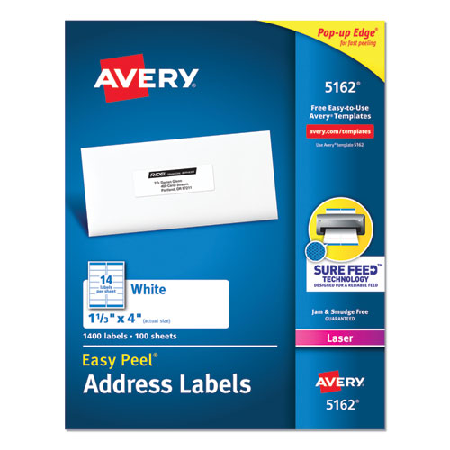 Avery Easy Peel White Address Labels w- Sure Feed Technology, Laser Printers, 1.33 x 4, White, 14-Sheet, 100 Sheets-Box 05162
