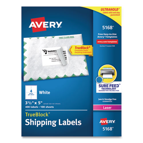 Avery Shipping Labels w- TrueBlock Technology, Laser Printers, 3.5 x 5, White, 4-Sheet, 100 Sheets-Box 05168