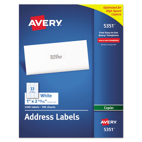 Avery Copier Mailing Labels, Copiers, 1 x 2.81, White, 33-Sheet, 100 Sheets-Box 05351