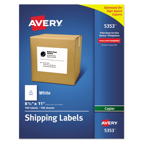Avery Copier Mailing Labels, Copiers, 8.5 x 11, White, 100-Box 05353