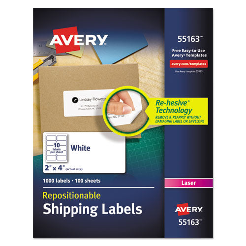 Avery Repositionable Shipping Labels w-Sure Feed, Inkjet-Laser, 2 x 4, White, 1000-Box 55163