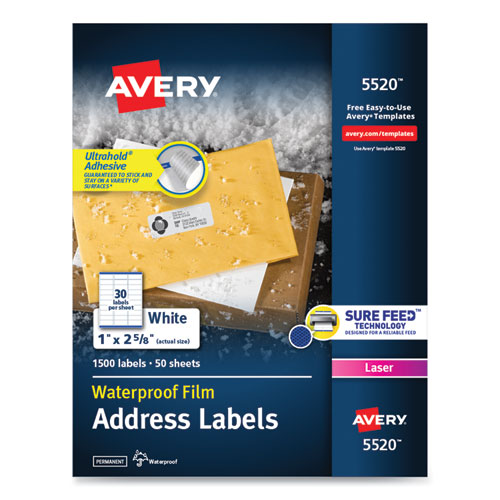 Avery Waterproof Address Labels with TrueBlock and Sure Feed, Laser Printers, 1 x 2.63, White, 30-Sheet, 50 Sheets-Pack 05520