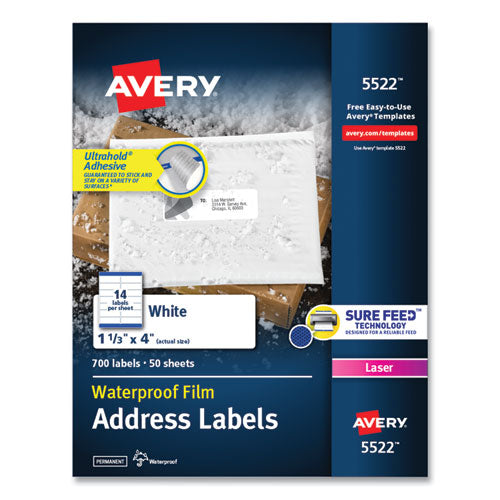 Avery Waterproof Address Labels with TrueBlock and Sure Feed, Laser Printers, 1.33 x 4, White, 14-Sheet, 50 Sheets-Pack 05522
