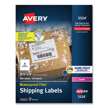 Avery Waterproof Shipping Labels with TrueBlock and Sure Feed, Laser Printers, 3.33 x 4, White, 6-Sheet, 50 Sheets-Pack 05524