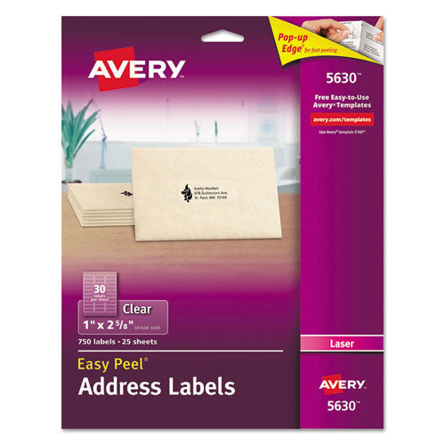 Avery Matte Clear Easy Peel Mailing Labels w- Sure Feed Technology, Laser Printers, 1 x 2.63, Clear, 30-Sheet, 25 Sheets-Box 05630