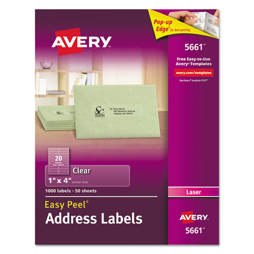Avery Matte Clear Easy Peel Mailing Labels w- Sure Feed Technology, Laser Printers, 1 x 4, Clear, 20-Sheet, 50 Sheets-Box 05661