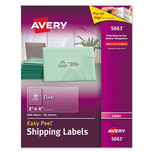 Avery Matte Clear Easy Peel Mailing Labels w- Sure Feed Technology, Laser Printers, 2 x 4, Clear, 10-Sheet, 50 Sheets-Box 05663