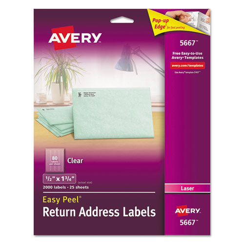 Avery Matte Clear Easy Peel Mailing Labels w- Sure Feed Technology, Laser Printers, 0.5 x 1.75, Clear, 80-Sheet, 25 Sheets-Box 05667
