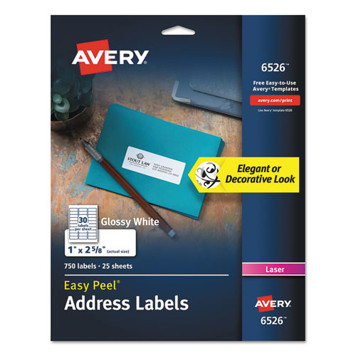 Avery Glossy White Easy Peel Mailing Labels w- Sure Feed Technology, Laser Printers, 1 x 2.63, White, 30-Sheet, 25 Sheets-Pack 06526