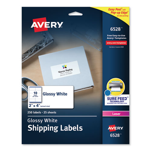 Avery Glossy White Easy Peel Mailing Labels w- Sure Feed Technology, Laser Printers, 2 x 4, White, 10-Sheet, 25 Sheets-Pack 06528