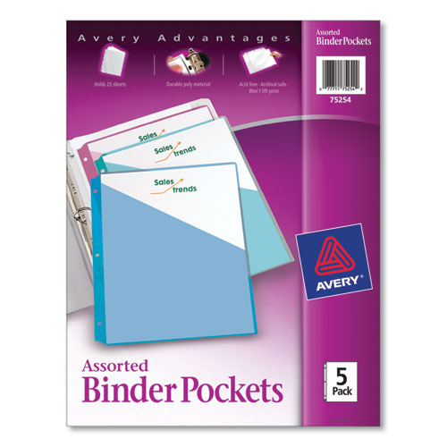 Avery Binder Pockets, 3-Hole Punched, 9 1-4 x 11, Assorted Colors, 5-Pack 75254