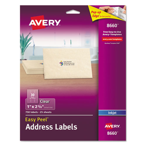 Avery Matte Clear Easy Peel Mailing Labels w- Sure Feed Technology, Inkjet Printers, 1 x 2.63, Clear, 30-Sheet, 25 Sheets-Pack 08660