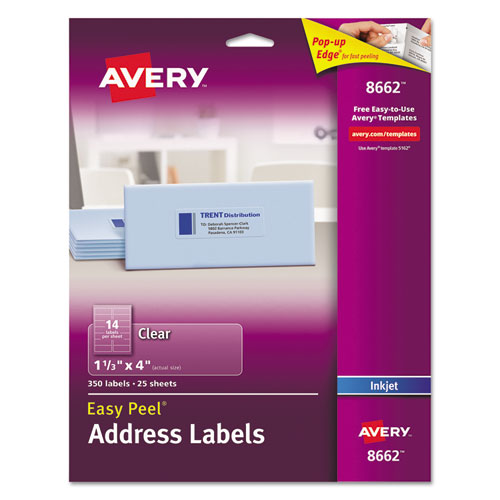 Avery Matte Clear Easy Peel Mailing Labels w- Sure Feed Technology, Inkjet Printers, 1.33 x 4, Clear, 14-Sheet, 25 Sheets-Pack 08662