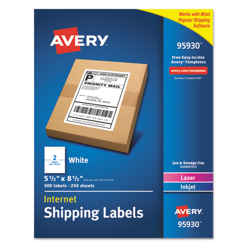 Avery White Shipping Labels-Bulk Packs, Inkjet-Laser Printers, 5.5 x 8.5, White, 2-Sheet, 250 Sheets-Box 95930