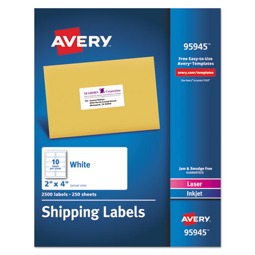 Avery White Shipping Labels-Bulk Packs, Inkjet-Laser Printers, 2 x 4, White, 10-Sheet, 250 Sheets-Box 95945