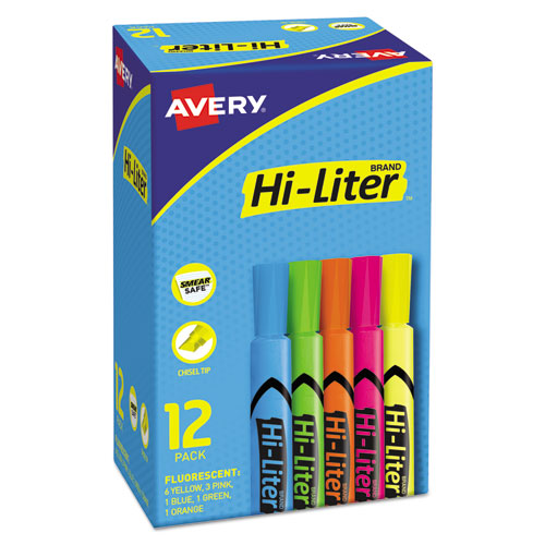 Avery HI-LITER Desk-Style Highlighters, Assorted Ink Colors, Chisel Tip, Assorted Barrel Colors, Dozen 98034