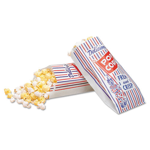 Bagcraft Pinch-Bottom Paper Popcorn Bag, 4 x 1.5 x 8, Blue-Red-White, 1,000-Carton 300471