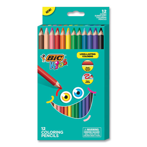 BIC Kids Jumbo Coloring Pencils, 1 mm, HB2 (#2), Assorted Lead, Assorted Barrel Colors, 12-Pack BKCPJ12AST